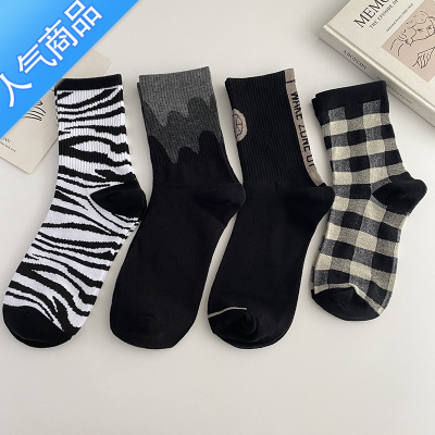 suntek黑色条纹中筒袜子女ins潮百搭运动日系学生格子长袜子秋冬季