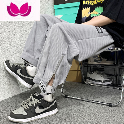 七斓夏季潮牌拉链休闲华夫格裤子男高街宽松大码卫裤束脚运动九分裤男