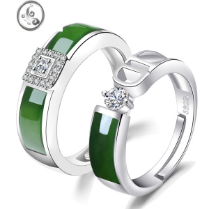 JiMi 925银镶和田玉戒指 时尚男女款玉戒 情侣款戒指 附证书 均色