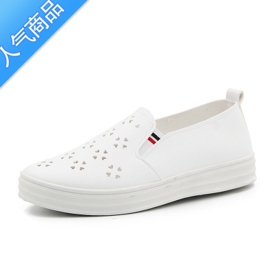 SUNTEK夏季厚底小白鞋女皮面镂空透气学生鞋2022新款韩版休闲一脚蹬板鞋