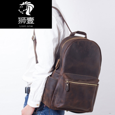 休闲双肩包男手工复古疯马皮学院风大容量旅行包商务学生背包深棕色-头层疯马皮可放15.6寸笔记本