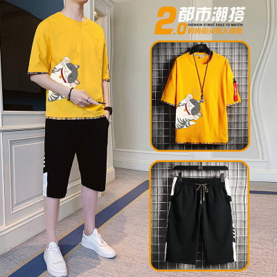 狮臣SHICHEN休闲短袖套装男2020年夏季新款套装男T恤休闲五分裤两件套运动圆领宽松五分袖短袖套装男装TZ2544黄色L