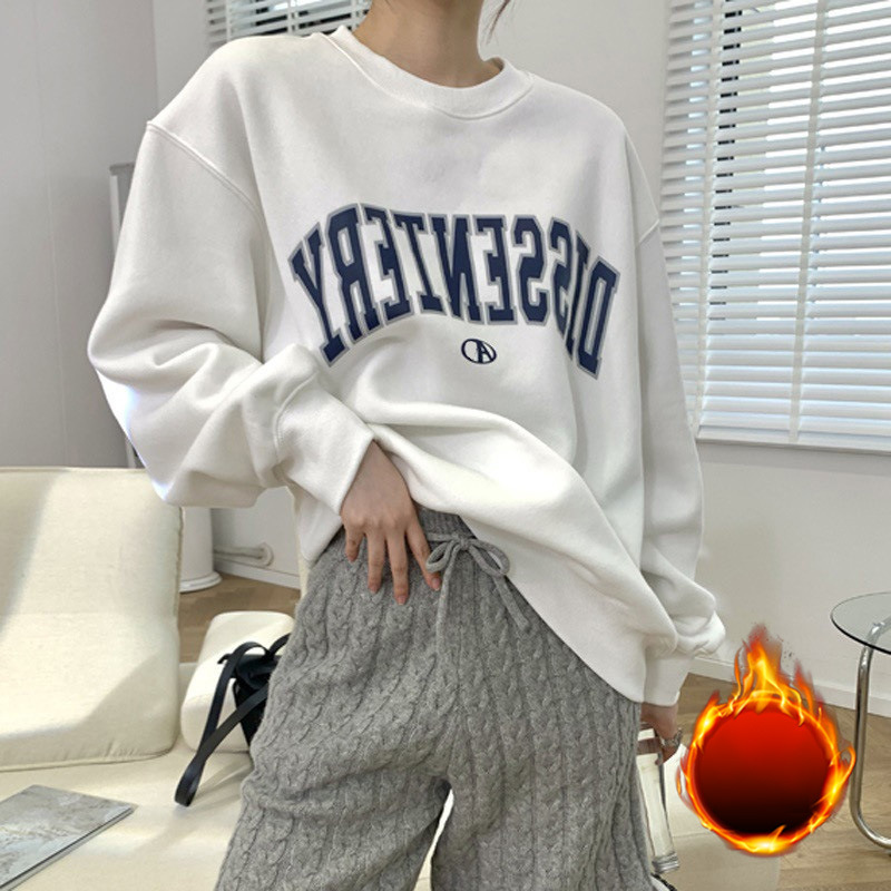 加绒圆领卫衣女冬季韩版女式休闲宽松上衣情侣装外套加厚T恤女装