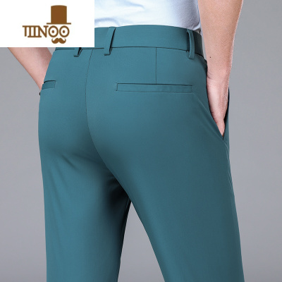 YANXU男士休闲裤夏季四面高弹力高端直筒商务西裤绿色免烫冰丝长裤男款