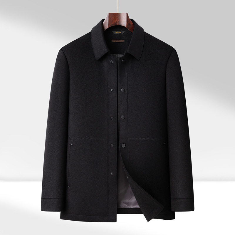 中老年纯色简约含桑蚕丝羊毛夹克男士秋冬新款商务翻领呢子茄克男