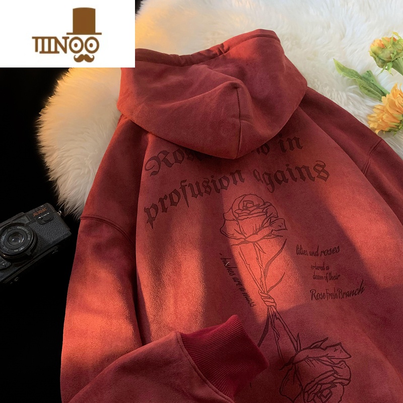 YANXU酒红色美式复古玫瑰连帽卫衣男款绒460g宽松痞帅外套