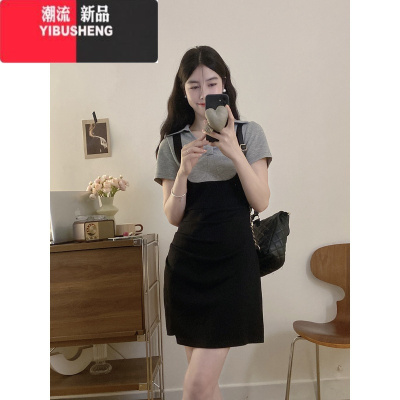 YIBUSHENG大码胖mm法式复古时尚设计感开叉翻领假两件拼接短袖连衣裙女装