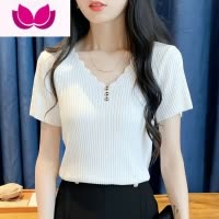 七斓冰丝短袖t恤女装夏季新款修身短款韩版纽扣V领针织打底衫薄款上衣