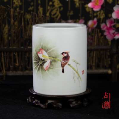 景德镇陶瓷创意收纳毛笔筒个性文房四宝艺术品摆件学生礼品笔筒三维工匠鸿运满堂