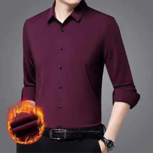 男装加绒衬衫男款冬季翻领无痕弹力长袖中年商务休闲衬衣男