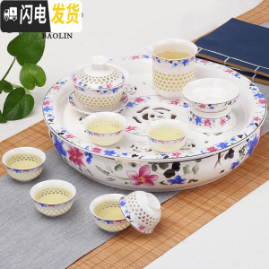 三维工匠隔热功夫茶具套装家用陶瓷泡茶杯茶壶茶盘简约现代中式青花瓷客厅 10头盖碗+茶盘-玲珑冰兰之心 8件