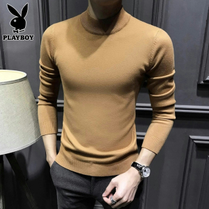 花花公子半高领毛衣男士内搭打底衫线衣春季新款修身纯色针织衫男