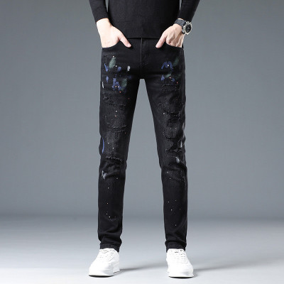 油漆风黑色牛仔裤韩版破洞补丁休闲男裤2025秋季新款小脚裤