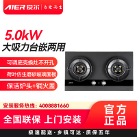 AIER爱尔燃气灶JZY-2259液化气5.0kW大火力台嵌两用可调底壳换灶不开孔荷叶仿生磨砂玻璃面板保洁炉头+铜火盖