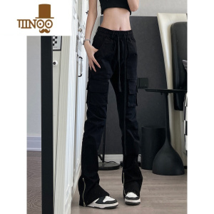 YANXU9002up高街黑色工装裤子男直筒修身显瘦拉链开叉休闲裤痞帅长裤潮