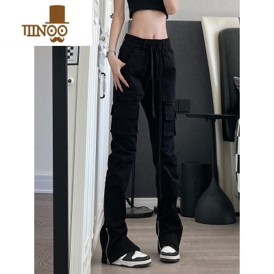 YANXU9002up高街黑色工装裤子男直筒修身显瘦拉链开叉休闲裤痞帅长裤潮