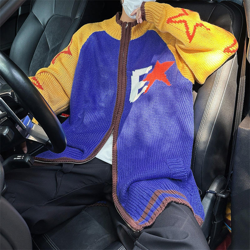 春秋新款多巴胺针织衫美式高街立领毛衣情侣中性毛衣开衫男装外套