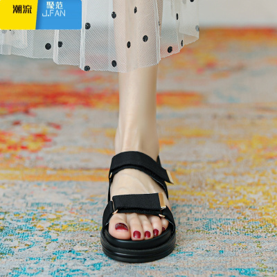 聚范2021年夏季新款凉鞋女一字带魔术贴厚底仙女风休闲平底罗马凉鞋子黑色拍下备注平时所穿尺码或联系客服