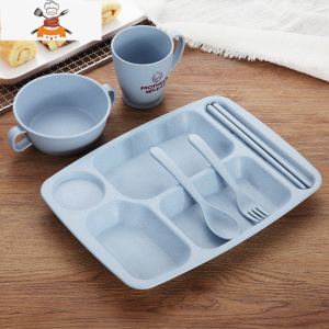日式创意小麦秸秆餐具儿童餐盘套装宝宝防摔家用卡通分格盘快餐盘 六件套升级款[蓝色] 敬平