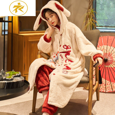 Ideamini国潮情侣睡袍女冬季珊瑚绒男士睡衣加厚保暖家居服连帽大码套装