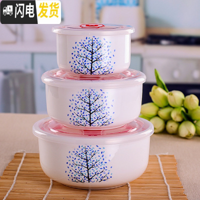 三维工匠骨瓷饭盒微波炉饭盒便当盒保鲜碗陶瓷饭盒三件套带盖 [树之韵]