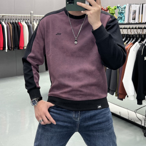 加绒保暖卫衣男士秋冬季潮牌青年打底上衣时尚拼接撞色内搭体恤衫