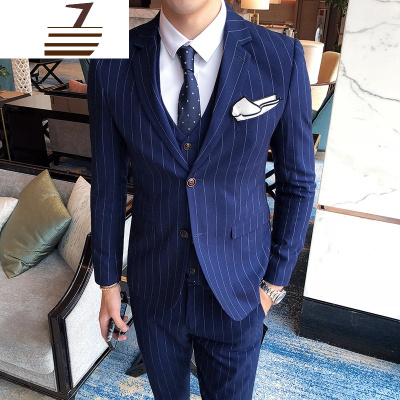NEWLAKE西装男士三件套西服套装男韩版修身条纹英伦绅士结婚礼服套装潮流