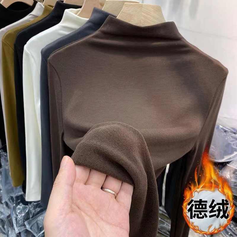 加厚双面德绒磨毛半高领修身保暖打底衫女秋冬纯色上衣长袖T恤女