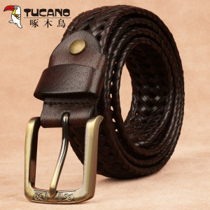啄木鸟编织皮带男真皮腰带女针扣牛皮休闲简约百搭手工编制潮