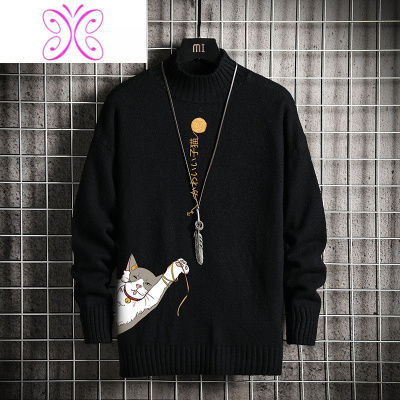 YUANSU秋冬季潮流毛衣男士宽松加绒加厚大码半高领针织衫青少年胖子线衣毛衣