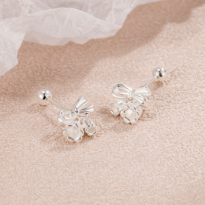 s925纯银针铃兰花蝴蝶结耳钉女小众甜美螺丝拧扣耳环森系花朵耳坠送女朋友老婆情人节七夕生日礼物