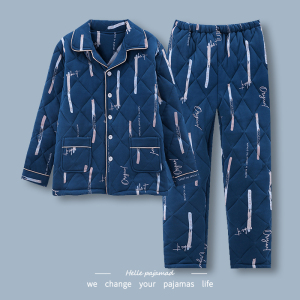 浪莎睡衣男士冬季纯棉针织夹棉袄三层加厚保暖全棉开衫家居服套装