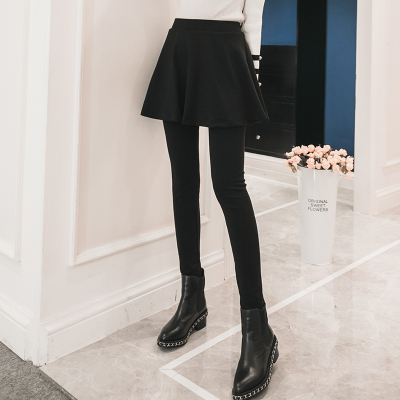 SUNTEK带裙子的打底裤女外穿2020新款加厚加绒假两件百褶大码保暖踩脚冬打底裤