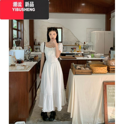 YIBUSHENG法式系带方领泡泡袖白色连衣裙女春季2024新款温柔收腰木耳边长裙