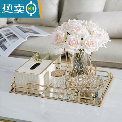 敬平北欧装饰纸巾盒轻奢茶几收纳盒套装客厅餐桌多功能收纳纸抽盒 白色意式套装+粉边手感玫瑰+ 牙签罐+烟灰缸