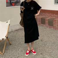 韩国大码T恤女装夏季宽松过膝长裙子开叉连衣裙女长款上衣打底衫
