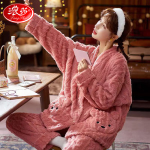 浪莎睡衣女长袖珊瑚绒秋冬季加绒加厚法兰绒冬天加大码家居服套装