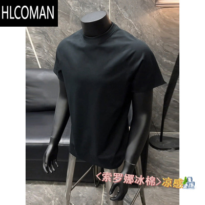 HLCOMAN男式黑色t恤夏季弹力索o娜冰棉短袖修身健身运动收口三分袖