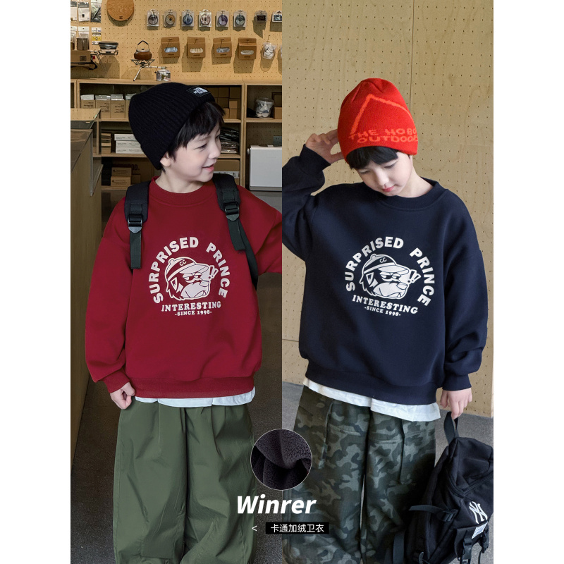 童酷男童冬季新款时尚卡通印花宝宝上衣圆领加绒加厚儿童卫衣