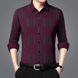 男士无痕衬衫秋季新款商务休闲中年爸爸长袖格子衬衣男