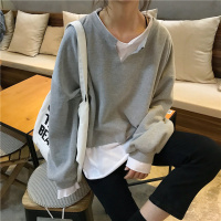 假两件含棉设计感宽松卫衣女秋冬薄款拼接打底衫文艺风长袖T恤女