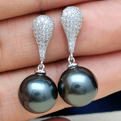 海瞳优雅正圆大溪地黑珍珠耳环s925银耳饰女节日生日礼物海水珍珠耳钉简约气质珠宝首饰真珠