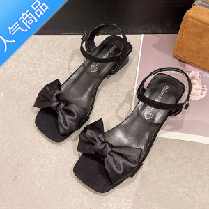 SUNTEK2023年夏季新款蝴蝶结粗跟绒面单鞋女后空罗马凉鞋方头一字扣带女