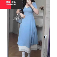 YIBUSHENG大码女装法式茶歇风蝴蝶结短袖连衣裙季胖mm显瘦层次感长裙子