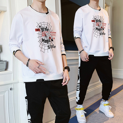 狮臣SHICHEN卫衣套装男款2020年春季新款休闲运动套装男衣服男圆领套头运动套装男时尚百搭卫衣男装TZ2441白色4XL