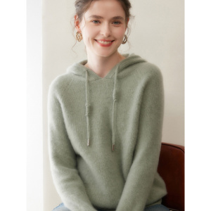 元宝针羊绒帽衫秋冬新款女厚款连帽打底衫优雅风纯色保暖毛衣