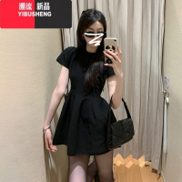 YIBUSHENG2024季新款黑色短袖连衣裙小个子女梨型身材法式气质赫本风短裙