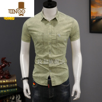 YANXU牛仔衬衫男短袖复古休闲日系衬衣修身痞帅夏季薄款半袖上衣外套潮