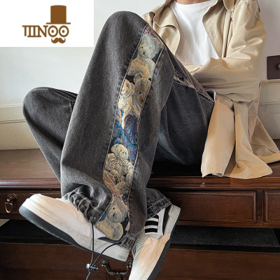 YANXU美式国潮小熊拼接刺绣牛仔裤男秋季宽松直筒嘻哈束脚裤子高街大码