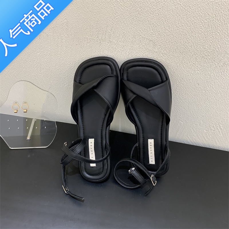 SUNTEK法式小众配裙子褶皱一字仙女时装鞋2023夏新款学生平底罗马女凉鞋